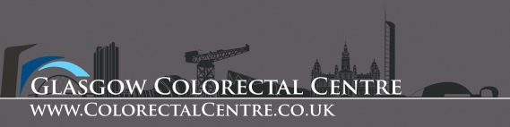 Glasgow Colorectal Centre logo with silhouette of Glasgow skyline and reflections in the river Clyde: reverse colours