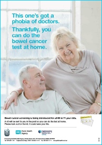 Advert for English Bowel Cancer Screening Programme advising that you can take the test at home