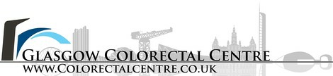 Glasgow Colorectal Centre logo with silhouette of Glasgow skyline including the SECC & Finnieston, reflected in the river Clyde